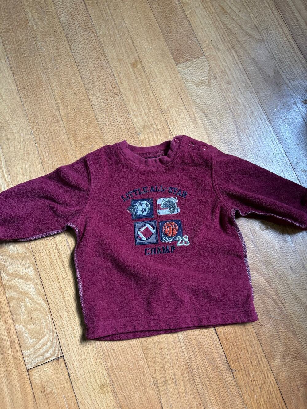 Carter's fleece pullover 6 months, burgundy, "Little All-Star" sports print